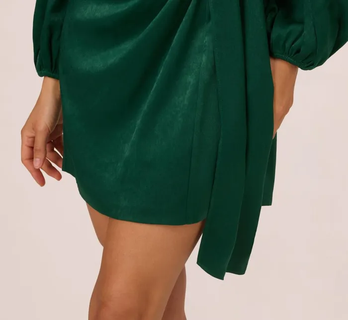 Adrianna Papell Day Dresses Long Sleeve Satin Dress With Draped Details In Dark Ivy 8211 Women