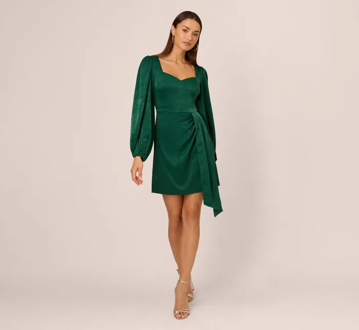 Adrianna Papell Day Dresses Long Sleeve Satin Dress With Draped Details In Dark Ivy 8211 Women