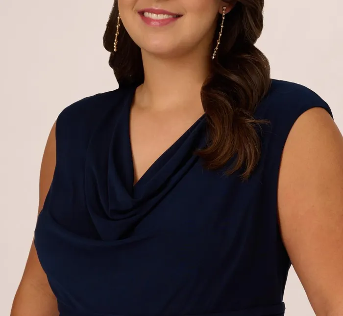 Adrianna Papell Day Dresses Plus Size Cowl Neck Jersey Dress With Banded Skirt In Midnight 8211 Women