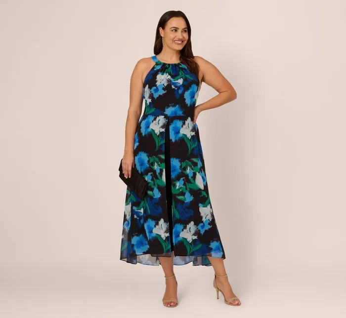 Adrianna Papell Day Dresses Plus Size Floral Print Chiffon Cropped Jumpsuit With Wide Legs In Black Multi 8211 Women