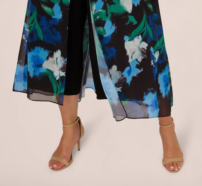 Adrianna Papell Day Dresses Plus Size Floral Print Chiffon Cropped Jumpsuit With Wide Legs In Black Multi 8211 Women