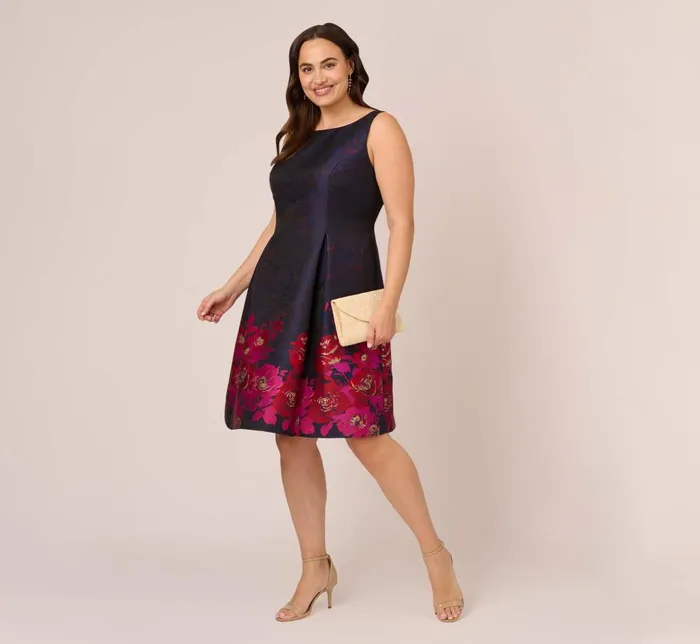 Adrianna Papell Day Dresses Plus Size Jacquard Midi Dress With Metallic Floral Trim In Navy Pink Multi 8211 Women