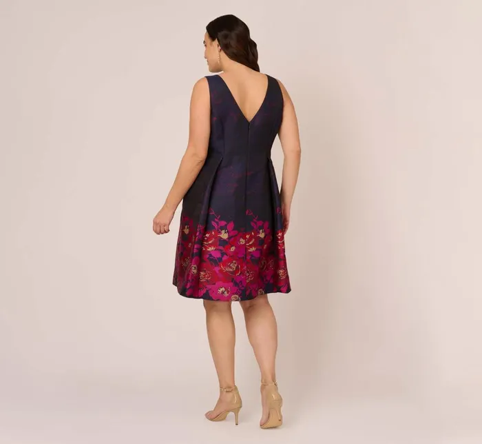 Adrianna Papell Day Dresses Plus Size Jacquard Midi Dress With Metallic Floral Trim In Navy Pink Multi 8211 Women
