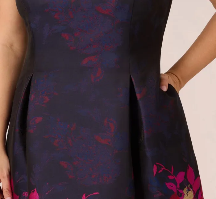 Adrianna Papell Day Dresses Plus Size Jacquard Midi Dress With Metallic Floral Trim In Navy Pink Multi 8211 Women