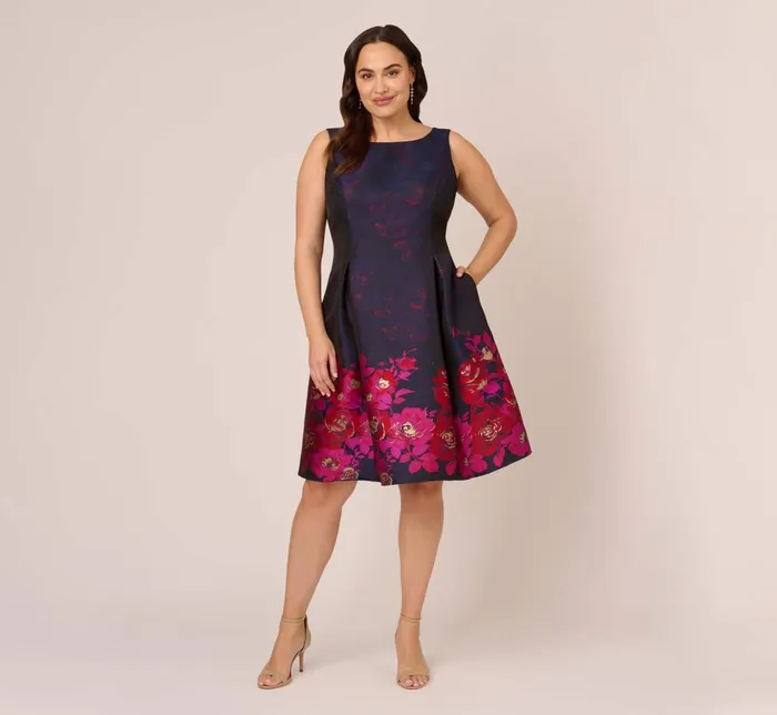 Adrianna Papell Day Dresses Plus Size Jacquard Midi Dress With Metallic Floral Trim In Navy Pink Multi 8211 Women