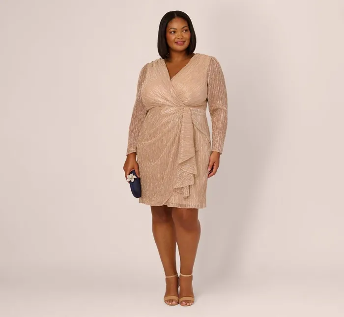Adrianna Papell Day Dresses Plus Size Metallic Long Sleeve Dress With Draped Details In Light Gold 8211 Women