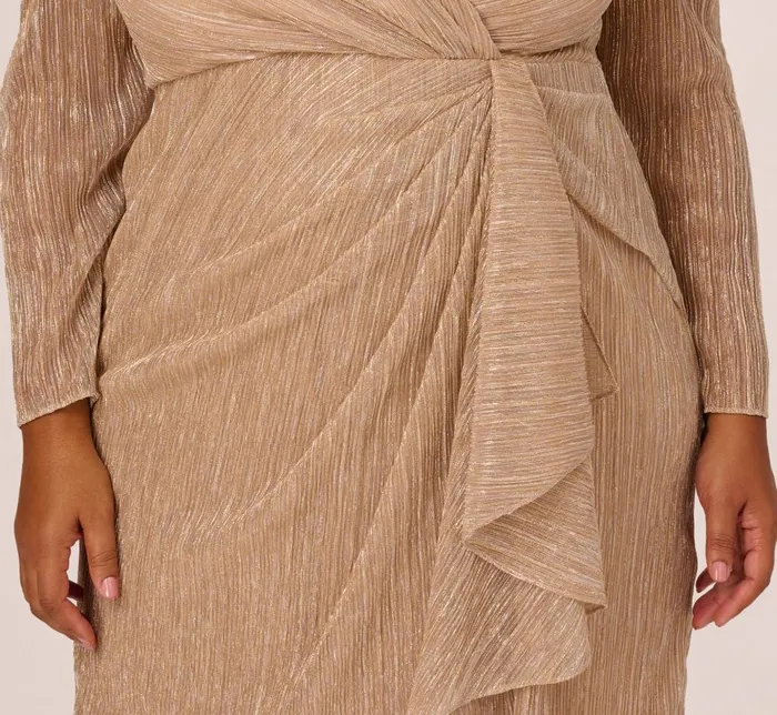 Adrianna Papell Day Dresses Plus Size Metallic Long Sleeve Dress With Draped Details In Light Gold 8211 Women