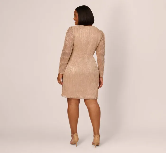 Adrianna Papell Day Dresses Plus Size Metallic Long Sleeve Dress With Draped Details In Light Gold 8211 Women