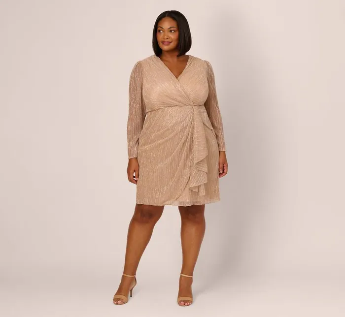 Adrianna Papell Day Dresses Plus Size Metallic Long Sleeve Dress With Draped Details In Light Gold 8211 Women