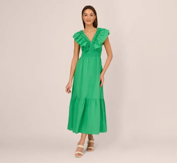 Adrianna Papell Day Dresses Ruffled Maxi Dress With Shirred Details In Green 8211 Women