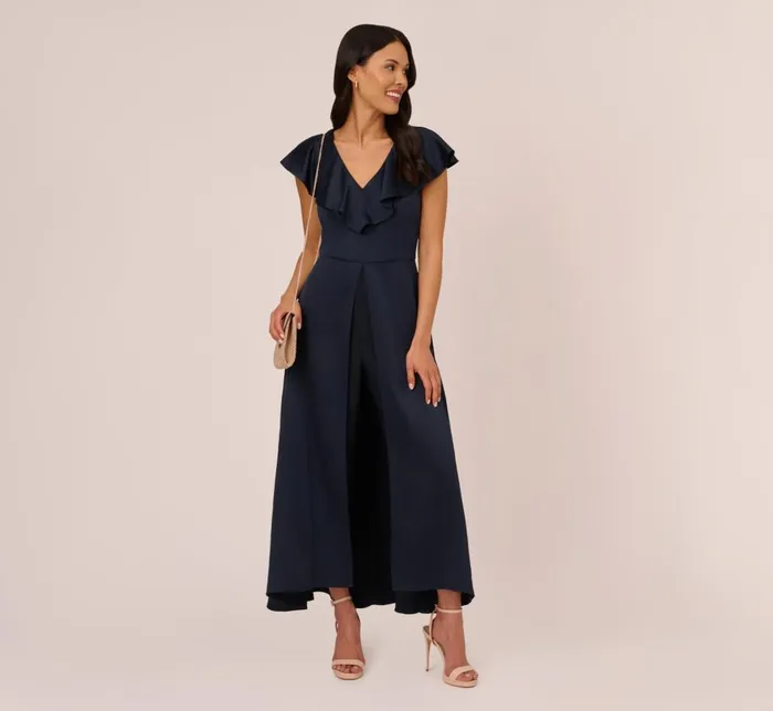 Adrianna Papell Day Dresses Satin Crepe Ruffled Cropped Jumpsuit In Dark Navy 8211 Women