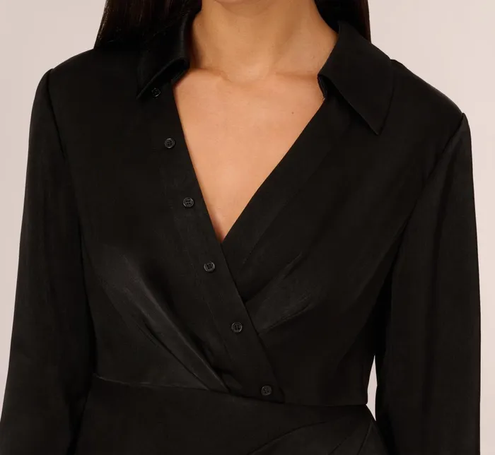 Adrianna Papell Day Dresses Satin Faux Wrap Dress With Long Sleeves In Black 8211 Women