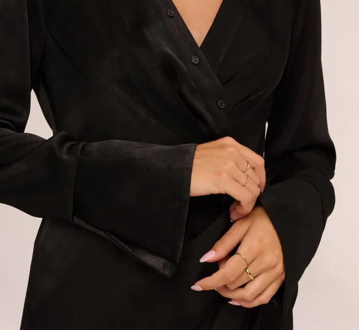 Adrianna Papell Day Dresses Satin Faux Wrap Dress With Long Sleeves In Black 8211 Women