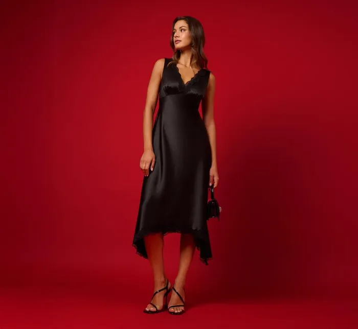 Adrianna Papell Day Dresses Satin Lace Midi Slip Dress In Black 8211 Women