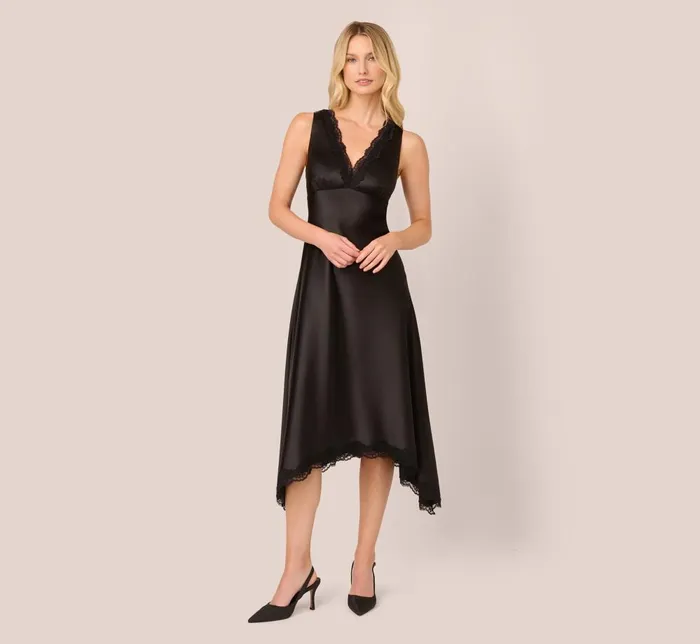 Adrianna Papell Day Dresses Satin Lace Midi Slip Dress In Black 8211 Women