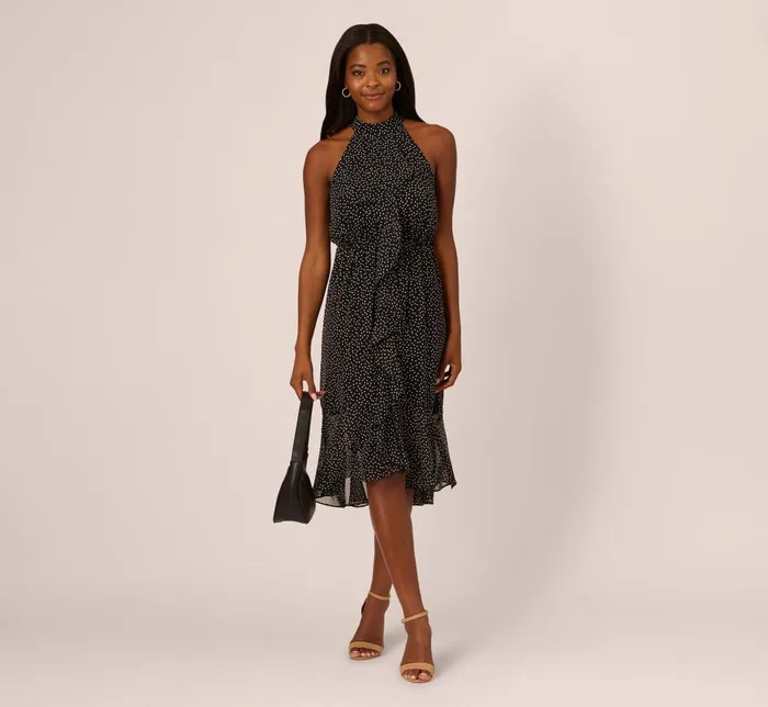 Adrianna Papell Day Dresses Shirred Dot Chiffon Midi Dress In Black Ivory 8211 Women