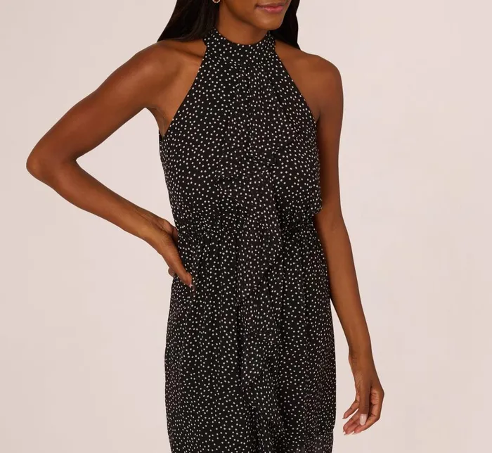 Adrianna Papell Day Dresses Shirred Dot Chiffon Midi Dress In Black Ivory 8211 Women