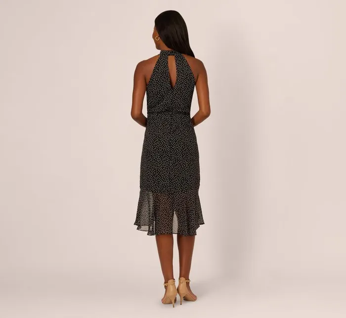 Adrianna Papell Day Dresses Shirred Dot Chiffon Midi Dress In Black Ivory 8211 Women