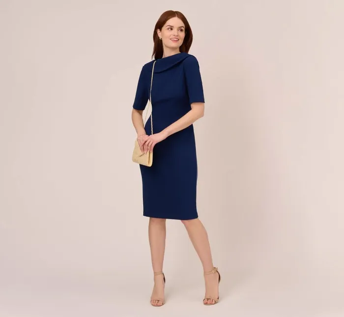 Adrianna Papell Day Dresses Short Sleeve Crepe Dress With Rolled Neck In Navy Sateen 8211 Women
