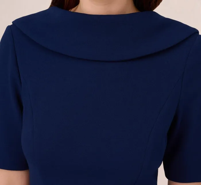 Adrianna Papell Day Dresses Short Sleeve Crepe Dress With Rolled Neck In Navy Sateen 8211 Women
