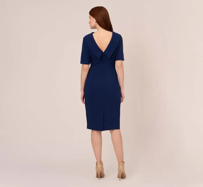 Adrianna Papell Day Dresses Short Sleeve Crepe Dress With Rolled Neck In Navy Sateen 8211 Women