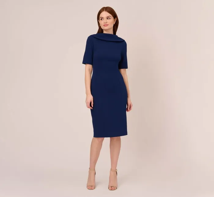 Adrianna Papell Day Dresses Short Sleeve Crepe Dress With Rolled Neck In Navy Sateen 8211 Women