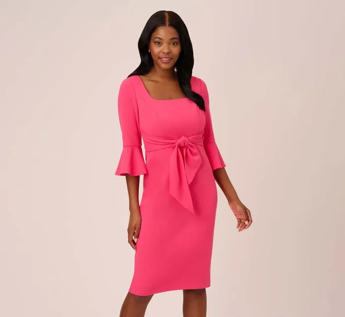 Adrianna Papell Day Dresses Stretch Knit Crepe TieFront MidiLength Sheath Dress In Camellia 8211 Women