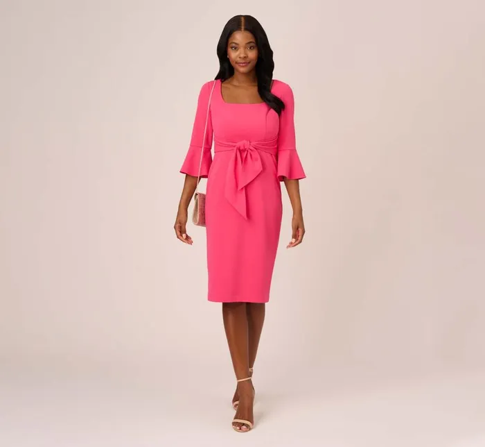 Adrianna Papell Day Dresses Stretch Knit Crepe TieFront MidiLength Sheath Dress In Camellia 8211 Women