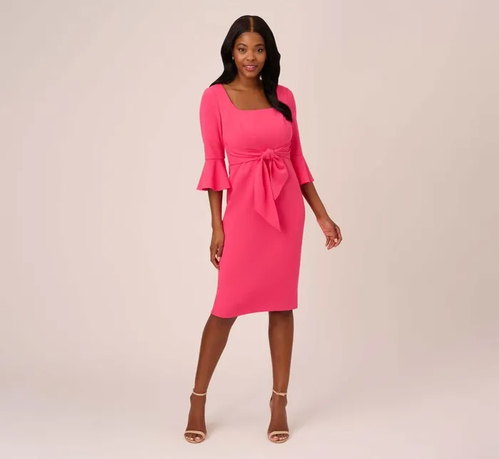 Adrianna Papell Day Dresses Stretch Knit Crepe TieFront MidiLength Sheath Dress In Camellia 8211 Women