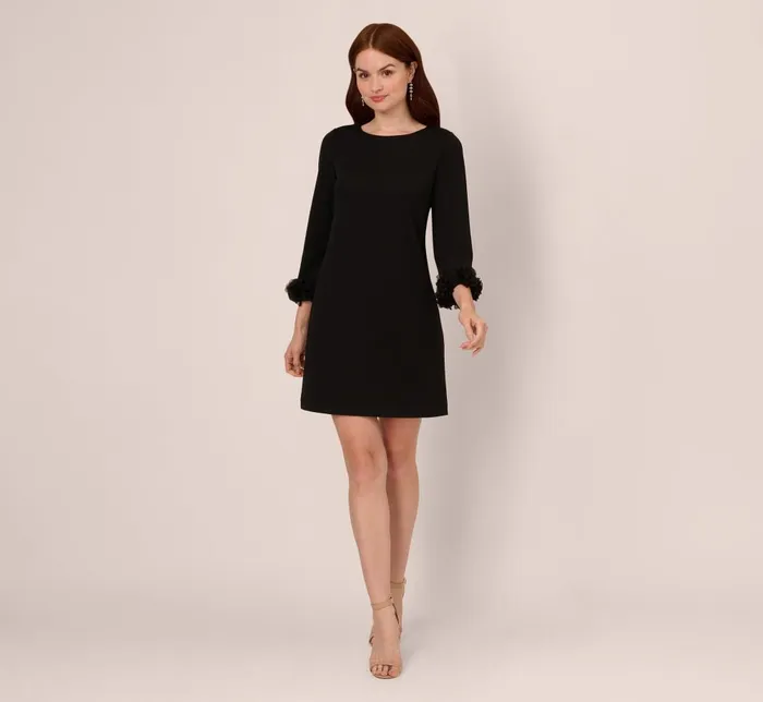 Adrianna Papell Day Dresses Three Quarter Sleeve Shift Dress With Floral Embellished Cuffs In Black 8211 Women