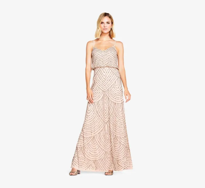 Adrianna Papell Formal Dresses Art Deco Beaded Blouson Gown In Taupe Pink 8211 Women