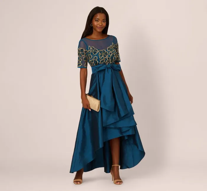 Adrianna Papell Formal Dresses Bead Taffeta High Low Long Dress In Teal Sapphire Gold 8211 Women