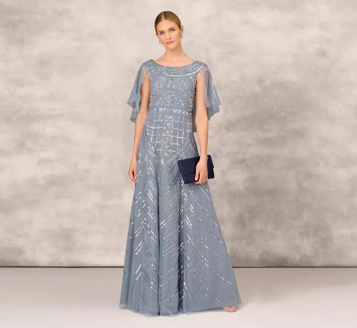 Adrianna Papell Formal Dresses Beaded Ball Gown With Cape Sleeves In Vintage Blue 8211 Women