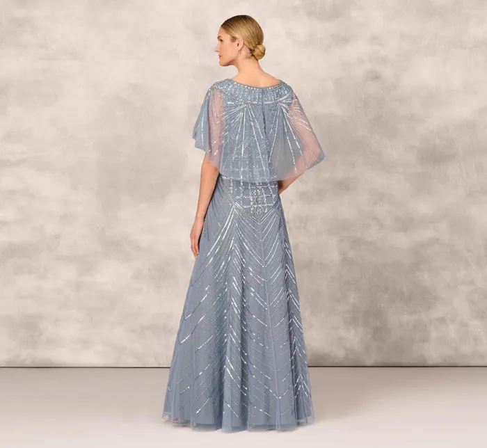 Adrianna Papell Formal Dresses Beaded Ball Gown With Cape Sleeves In Vintage Blue 8211 Women