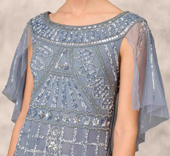 Adrianna Papell Formal Dresses Beaded Ball Gown With Cape Sleeves In Vintage Blue 8211 Women