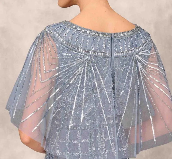 Adrianna Papell Formal Dresses Beaded Ball Gown With Cape Sleeves In Vintage Blue 8211 Women