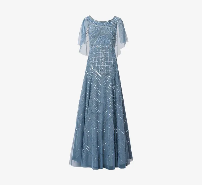 Adrianna Papell Formal Dresses Beaded Ball Gown With Cape Sleeves In Vintage Blue 8211 Women