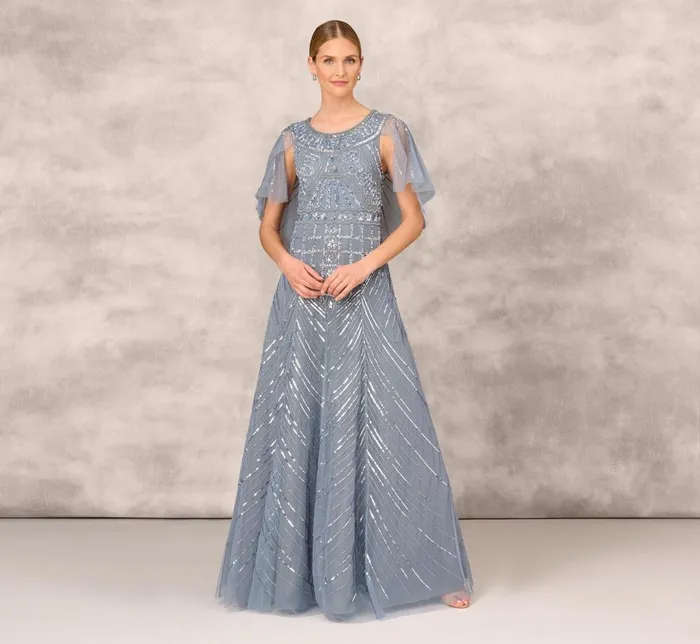 Adrianna Papell Formal Dresses Beaded Ball Gown With Cape Sleeves In Vintage Blue 8211 Women