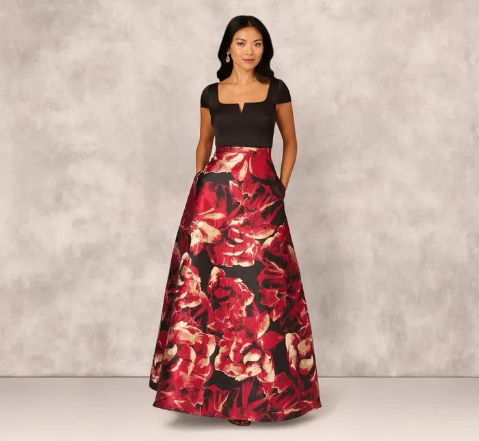 Adrianna Papell Formal Dresses Combo Fabric Cap Sleeve Gown In Black Red Multi 8211 Women