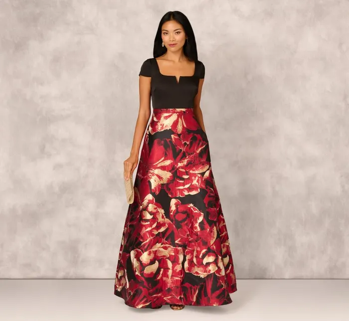 Adrianna Papell Formal Dresses Combo Fabric Cap Sleeve Gown In Black Red Multi 8211 Women