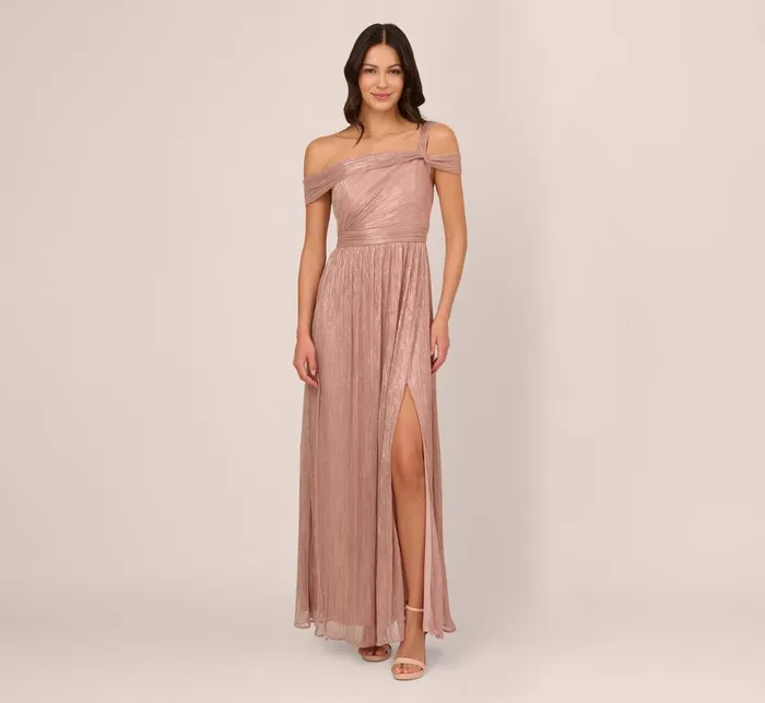 Adrianna Papell Formal Dresses Crinkle Metallic Gown With Asymmetrical Neckline In Petal Gold 8211 Women