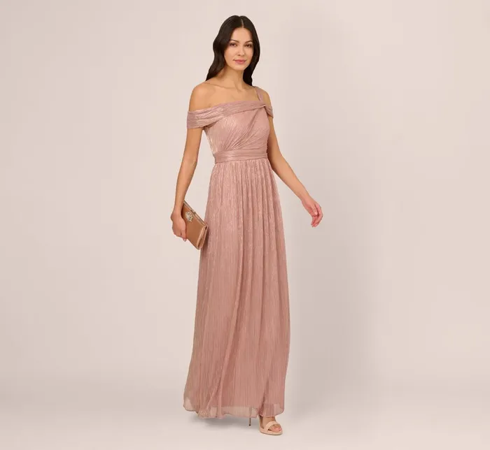 Adrianna Papell Formal Dresses Crinkle Metallic Gown With Asymmetrical Neckline In Petal Gold 8211 Women
