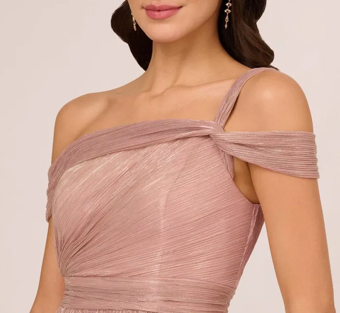 Adrianna Papell Formal Dresses Crinkle Metallic Gown With Asymmetrical Neckline In Petal Gold 8211 Women