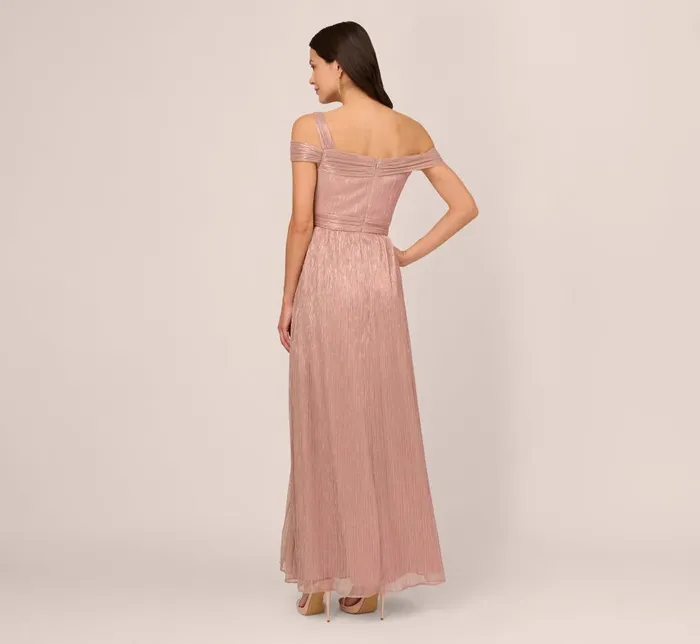 Adrianna Papell Formal Dresses Crinkle Metallic Gown With Asymmetrical Neckline In Petal Gold 8211 Women
