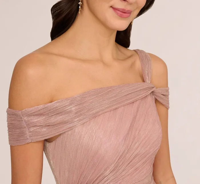 Adrianna Papell Formal Dresses Crinkle Metallic Gown With Asymmetrical Neckline In Petal Gold 8211 Women