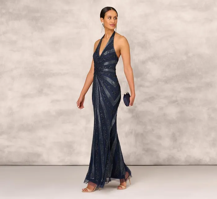 Adrianna Papell Formal Dresses Dazzling Beaded Halter Gown With Deep VNeckline In Navy 8211 Women