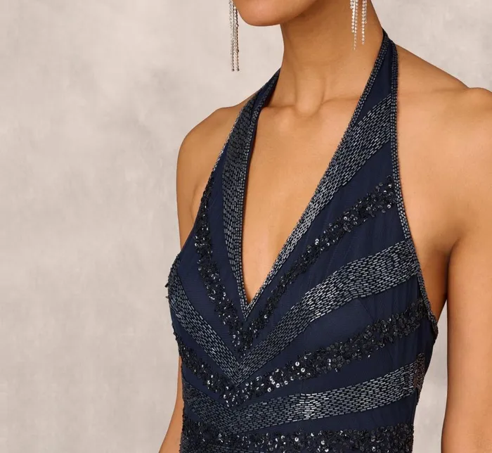 Adrianna Papell Formal Dresses Dazzling Beaded Halter Gown With Deep VNeckline In Navy 8211 Women