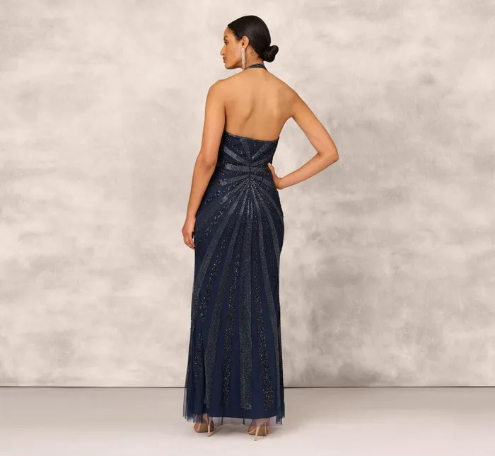 Adrianna Papell Formal Dresses Dazzling Beaded Halter Gown With Deep VNeckline In Navy 8211 Women