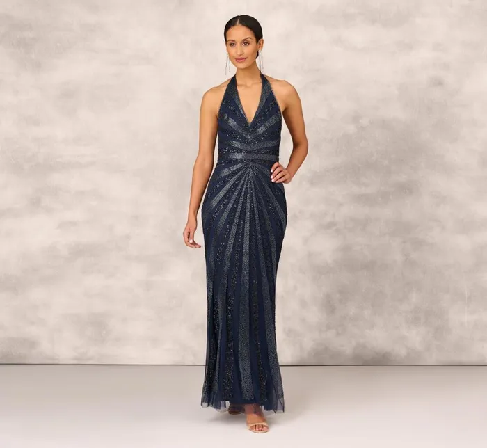 Adrianna Papell Formal Dresses Dazzling Beaded Halter Gown With Deep VNeckline In Navy 8211 Women
