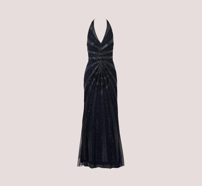 Adrianna Papell Formal Dresses Dazzling Beaded Halter Gown With Deep VNeckline In Navy 8211 Women